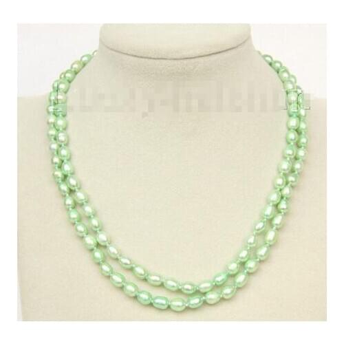 16-17" 2row 8-9mm rice green pearls necklace plated clasp
