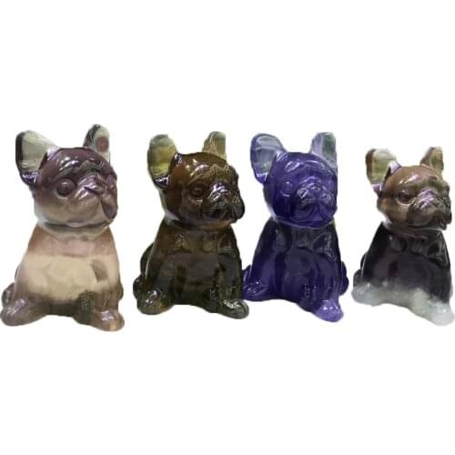 Natural Fluorite Carving Loveliness Dog Statue Animal Healing Reiki Mineral Quartz Home Decoration Gift Color Random Delivery