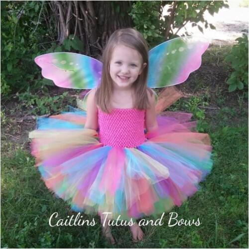 Rainbow Tutu Dress Girls 2Layers Fluffy Tulle Dresses Baby Ballet Tutus with Butterfly Wing Set Kids Party Cosplay Costume Dress