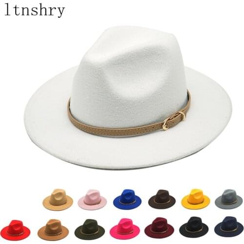 New Wide Brim Black/white Simple Church Derby Top Hat Panama Solid Felt Fedoras Hat for Men Women artificial wool Blend Jazz Cap