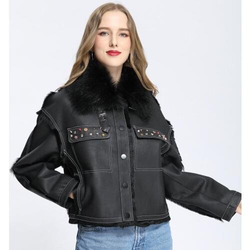 Stylish Women Winter Leather Jacket Wholesale Top Quality Leather Sheepskin Coat With Fur Hip Hop Clothes