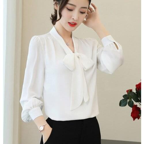 Women Blouse Blue Shirt Spring Autumn Chiffon Shirts Korean Office Tops Fashion Bow Long Sleeve Blouse Casual Plus Size Blusas