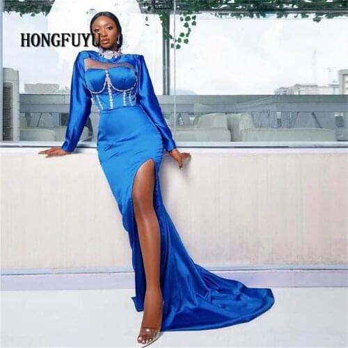 HONGFUYU Africa mermaid Evening Dresses Sexy Satin Long Prom Gowns Aso Ebi Side Slit Long Sleeves Women Formal Dress