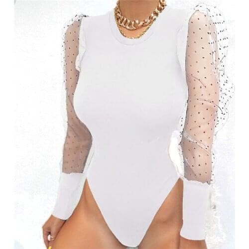 Xingqing Women Polka Dots Puff Sleeve Patchwork Bodysuit Skinny Long Sleeve Bodysuit Women Shirt Winter Fashion Body Jumpsuit