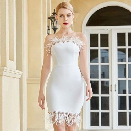 Free shipping Wholesale womans dress white Strapless feather Sexy club celebrity cocktail party bandage dress