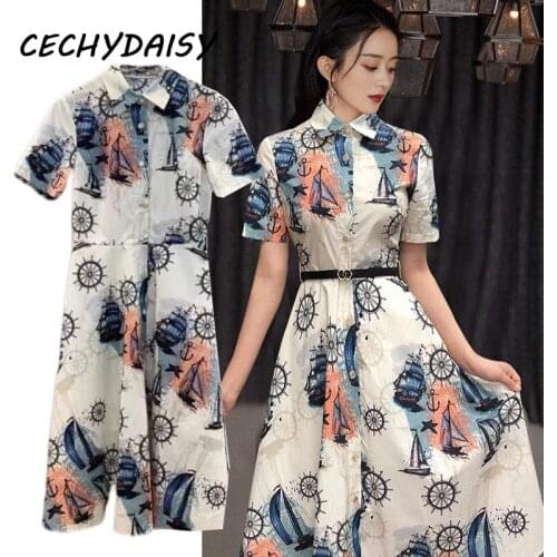 Blouse Dress 2021 Summer Fashion Short Sleeve Casual Floral Print High Waist A-Line Midi Dresses For Women 2021 Clothes Vestidos