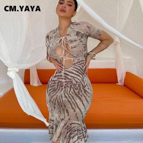 CM.YAYA Women Dress Print Short Sleeve Bandage Hollow Out Sheath Elastic Midi Trumpet Dresses Sexy Night Praty Fashion Dress