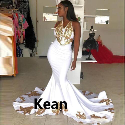 White Ivory Evening Dress Gold Lace Halter Mermaid Special Occasion robe soiree Islamic Dubai Kaftan Saudi Arabic Prom Dress