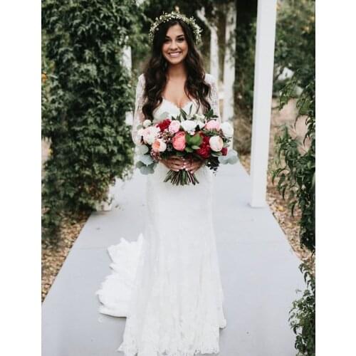 Robe De Mariage 2021 White Lace Bridal Dress V-neck Vintage Lace Long Sleeve Mermaid Wedding Dresses Vestidos De Noiva