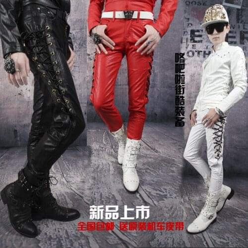 28-37 ! 2015 Male new slim male red and white motorcycle leather pants non-mainstream mens clothing ds singer costumes trousers