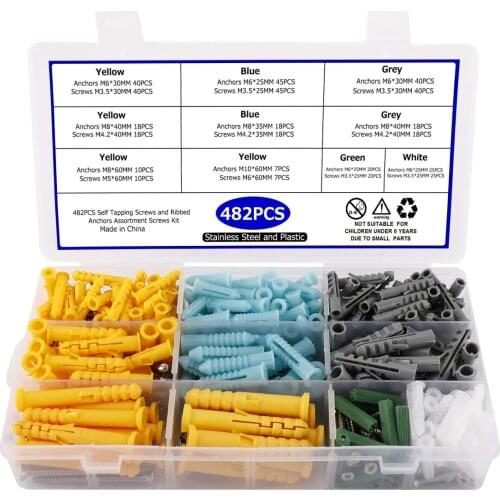 482pcs/set Plastic Expansion Drywall Anchor Screws Tapping Screw Set M3.5 M4.2 M5 M6 Stainless Steel Expansion Tube Wall Plug