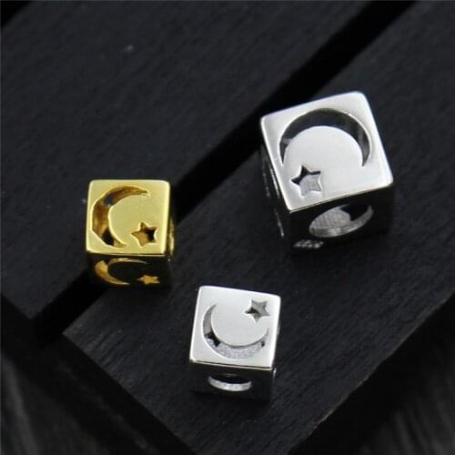 100% 925 Sterling Silver Hollow Carved Square Spacer Beads 6mm 8mm Gold/Rhodium Color Moon Bead Charms DIY Pretty Jewelry Making