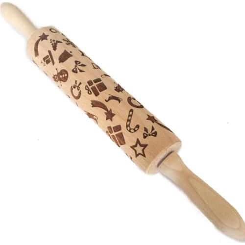 Christmas Deer Wooden Rolling Pin Embossing Baking Cookies Biscuit Fondant Cake Dough Patterned Rolling pin
