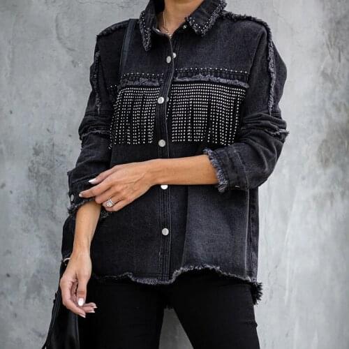 Denim Jacket Cropped Denim Jacket Tassel Diamond Chaquetas De Jeans Mujer Womens Denim Jacket Coat Black Long Sleeve Tassels