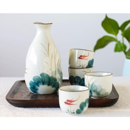 Japanese Style High Temperature Underglaze Ceramic Sake Pot One Pot and Four Glasses