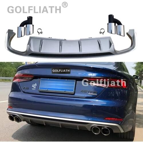 S5 style PP+Stainless Rear Lip Bumper Diffuser Kit End Pipe Muffler Tip fit For Audi A5 2017-2019 2/4-door version