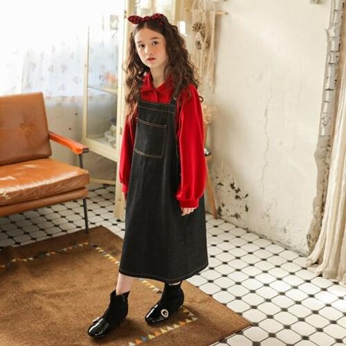 Teen Girls Solid Shirt and Denim Suspender Skirt Two Piece Set 2021 Spring New Children Korean Style Clothing Fashion, #9337