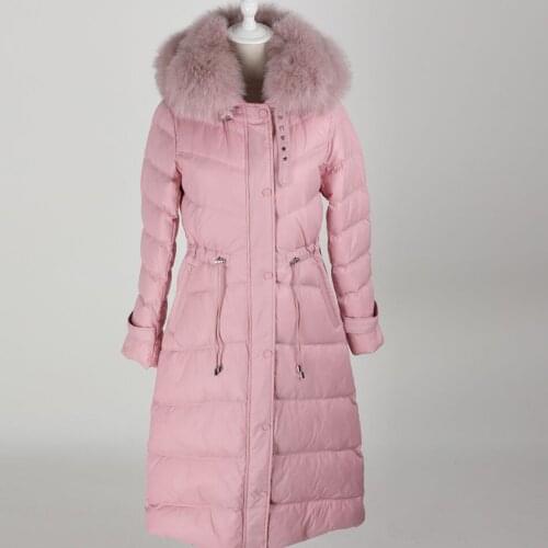 Maomoakong2021 natural fox fur winter coat with large fur collar leather jacket white duck down hooded women down jacket parka c