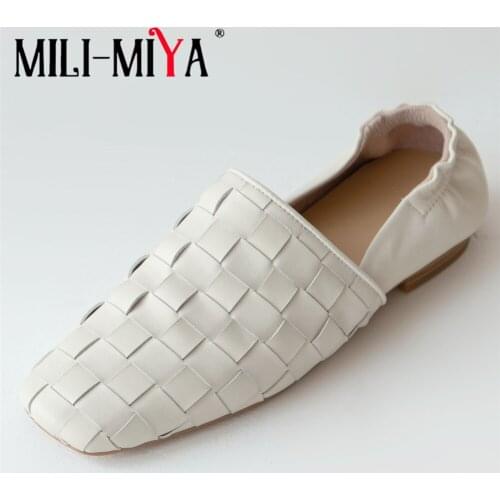 MILI-MIYA Fashion Breathable Weave Upper Women Genuine Leather Flats Round Toe Solid Color Slip On Casual Street Shoe Size 34-40