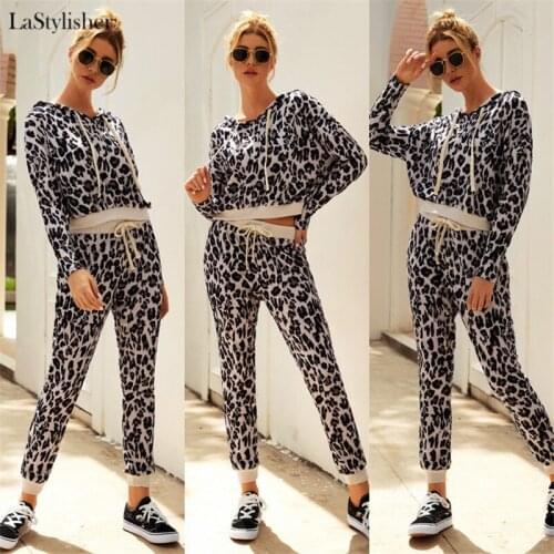 Fashion Leopard Hooded Tracksuit Women Two Piece Casual Sets Top Long Pants Suit Autumn Winter Casual Set Woman Clothing Street