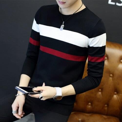 Fashion Men Sweaters Black New Clothes Winter Preppy Style Wool Cotton Striped O-neck Men Sweater Coats Regular Rainbow Sweater