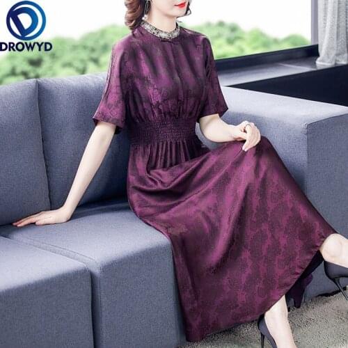 Spring Summer Loose 4XL Plus Size Casual Dress 2021 Purple Print Silk Vintage Midi Sundress Women Elegant Bodycon Party Vestidos
