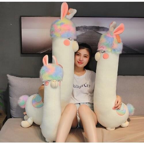 Rainbow Hair Alpaca Plush Toy Stuffed Cute lifelike Alpaca Long Sleeping Pillow Bedside Cushion Birthday gift for Girl Boy