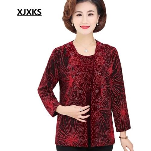 XJXKS Spring 2020 new women two-piece set loose plus size fashion diamond short-sleeved top + women cardigan coat