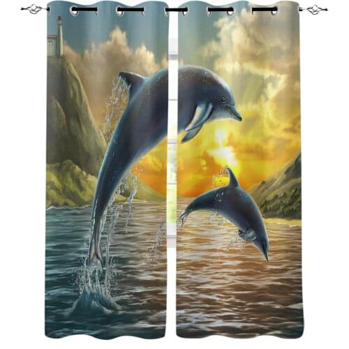 Sunset Sea Animals Dolphins Blackout Curtain Living Room Window Curtain Childrens Blackout Curtains for The Bedroom
