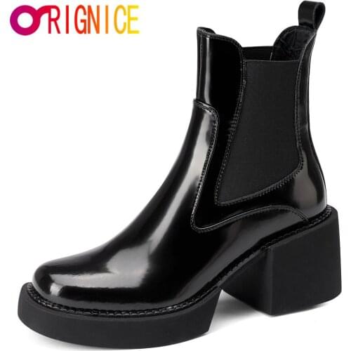Orignice 2021 New Chunky Heels Luxury Chelsea Ankle Boots Fashion Platform Women Patent Leather Round Toe Slip-On Party Shoes