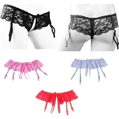 Women Sexy See-Through Crotchless Panties Lingerie with Garter Belt Sheer Lace Tanga Boy Shorts Brief Open Crotch Underwear