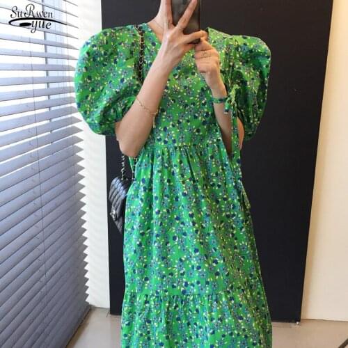 Square Collar Puff Sleeve Party Dresses Summer Vintage Women Dress 2021 Korean Purple Green Floral Maxi Dress Vestidos 15685