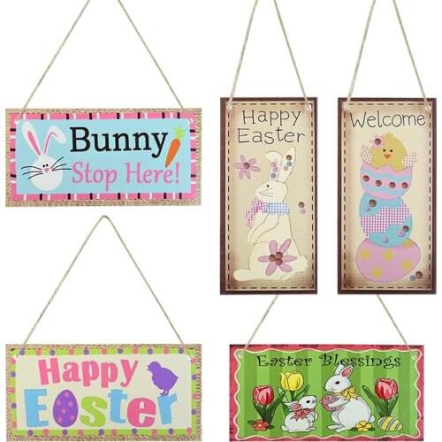1Pc Happy Easter Wooden Pendant Bunny Rabbit Hanging Easter Eggs Wooden Ornaments Crafts Decoration Home DIY Easter Party Decor
