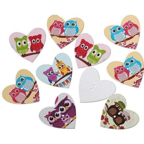 100pcs Heart-shaped Owl Wooden Sewing Buttons Scrapbooking Embellishments 2 HoleS 25mm