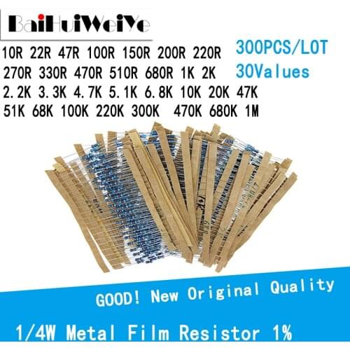 300PCS/LOT 1/4W 1% 10 -1M Ohm Resistance Metal Film Resistor Resistance Assortment Kit Set 30 Kinds Each 10PCS