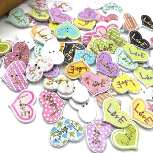 50 pcs Mixed Color Wooden Heart Sewing Buttons Scrapbooking Decorations 2-Holes WB411