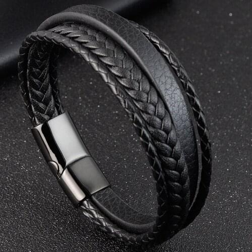 LAMEMDEE Stainless Steel Charm Magnetic Black Men Bracelet Leather Genuine Braided Multi-layer Punk Rock Bangles Jewelry Gift