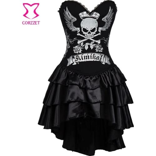 Black Cotton Silver Skull Print With Rhinestone Push Up Corsets And Bustiers Sexy Steampunk Corset Dress Gothic Clothing Dresses