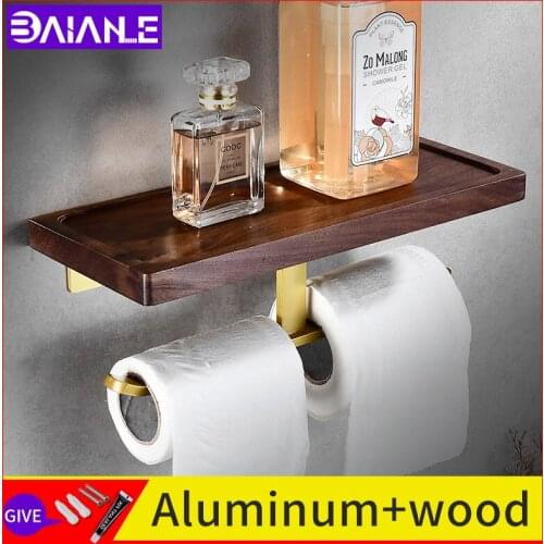 Bathroom toilet paper holder solid walnut screw free installation wall brushed gold double rolling paper rack phone shelf