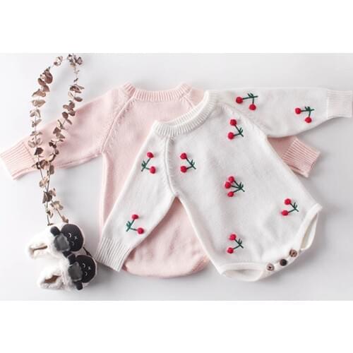 Baby Girls knit Rompers Long Sleeve Wool Knitted Cherry Rompers Baby Princess Triangle Jumpsuit Toddler Autumn Winter Clothing