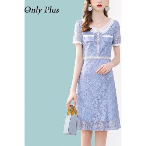 Only Plus Blue Lace Hollow Out Dress Peter Pan Collar Casual Sweet little chap Summer Casual Polka Dot Lace Dresses Knee