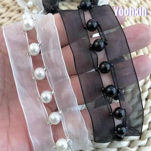 5cm Wide 2021 HOT DIY black white beads flower Lace Fabric 3D applique ribbon trim Embroidery Bridal collar Sewing guipure decor