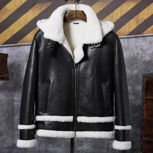 Shearling Coat Mens Black B3 Bomber Jacket Hooded Leather Jacket 2019 New Mens Winter Coats Short Sheepskin Coat