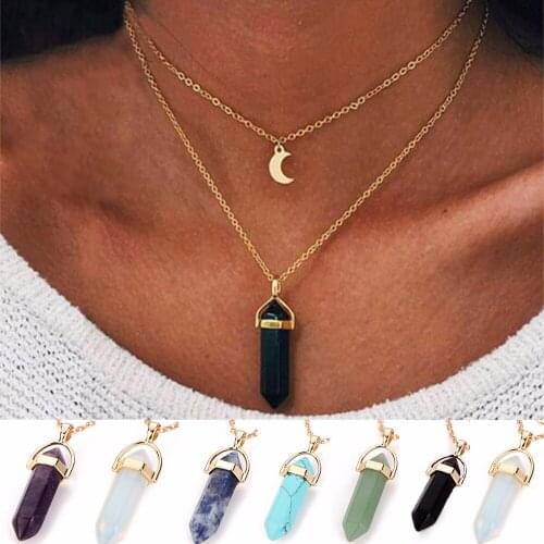 New Arrival Bullet Shaped Natural Stone Pendants Necklaces Women Ladies Presents Double Layer Moon Chokers Collar Chain Jewelry