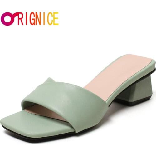 Orignice Summer Block High Heels Women Slippers Slip-On Square Toe Beach Female Sandals Folds PU Leather Party Dress Shoes