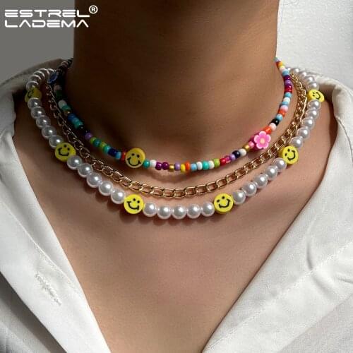 Bohemian Smiley Face Imitation Pearl Beaded Necklace For Women Handmade Flower Rainbow Seed Beads Strand Necklaces Jewelry Gifts