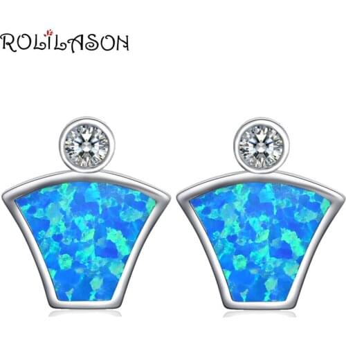 ROLILASON Silver stamped blue Style Fire Opal party Gift for women Stud Earrings Fashion Jewelry OE723