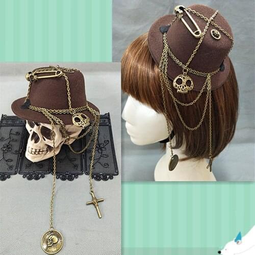 Handmade Steampunk Skull Alloy Pin Chain Mini Top Hat Fascinator Hair Clips Vintage Punk Girls Cosplay Fancy Show Party Headwear