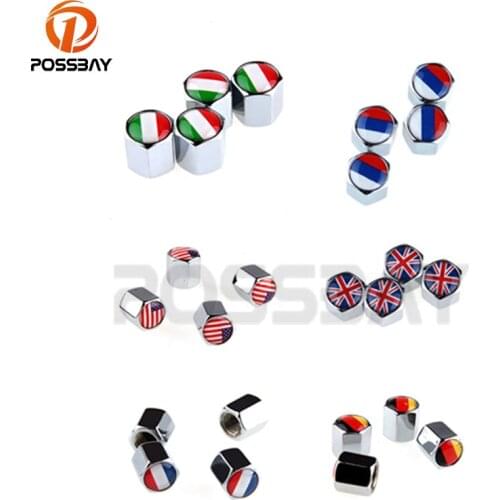 POSSBAY Silver Air Cap Cover US/UK/Italy/France/Russia/Germany Flag Car Wheel Tire Valves Caps Stem Airtight Covers Universal