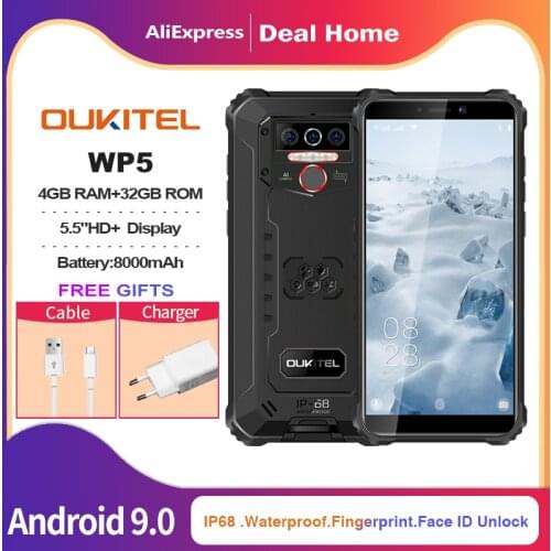 Oukitel WP5 5.5''HD+ 18:9 IP68&IP69 Waterproof 4GB 32GB Android 9.0 Quad Core 13MP MT6761 8000mAh Tri-proof 5V/2A Mobile Phone